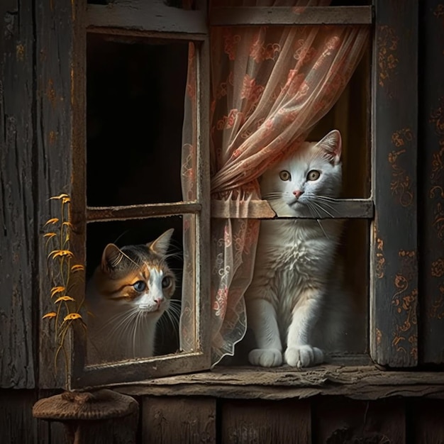 창밖을 내다보는 고양이 두 마리 생성 ai