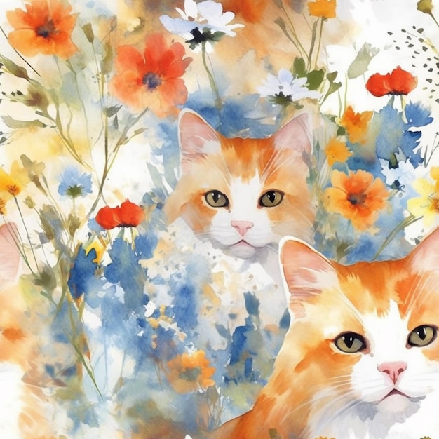 there are two cats that are sitting in the flowers together generative ai