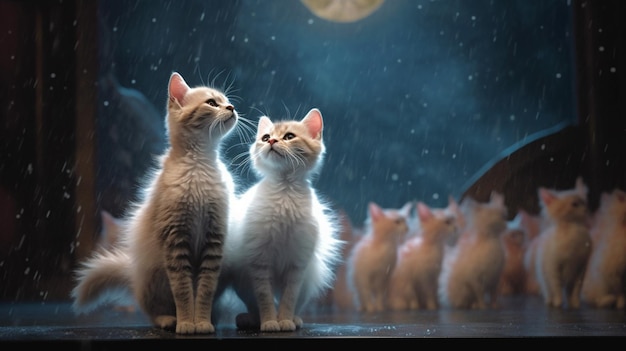 雨の中に座っている2匹の猫がいます 生成AI