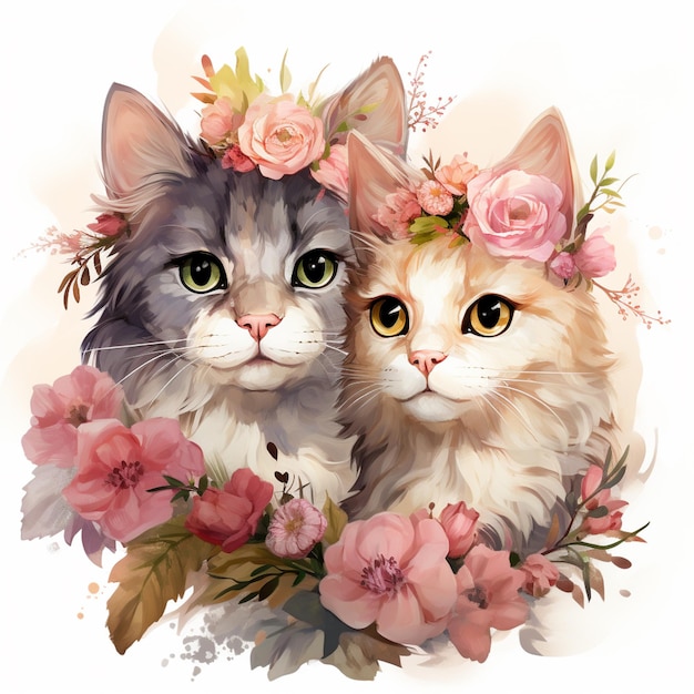 there are two cats that are sitting together with flowers on their heads generativ ai
