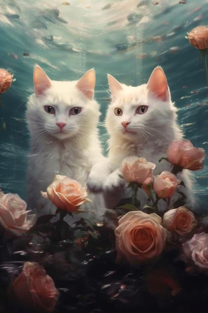 There are two cats that are sitting in the water with roses generative ai