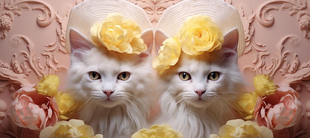 두 마리의 고양이가 꽃이 달린 모자를 입고 있습니다.