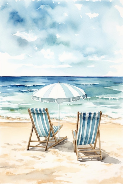 사진 해변에 두 개의 의자와 우산이 있습니다.