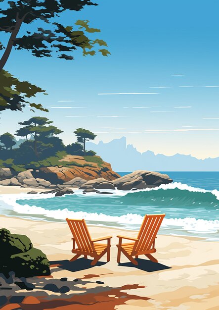 There are two chairs on the beach facing the ocean generative ai