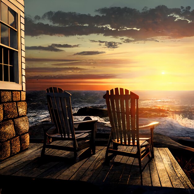 Photo there are two chairs on the porch of a house overlooking the ocean generative ai