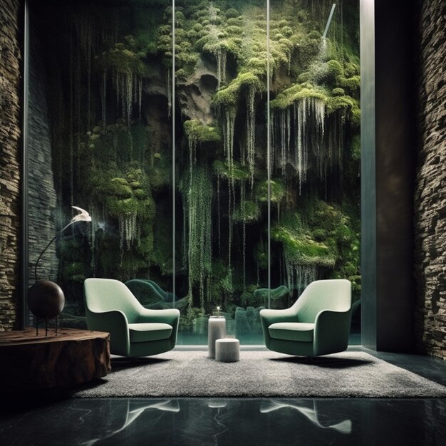 Photo there are two chairs in a room with a waterfall in the background generative ai