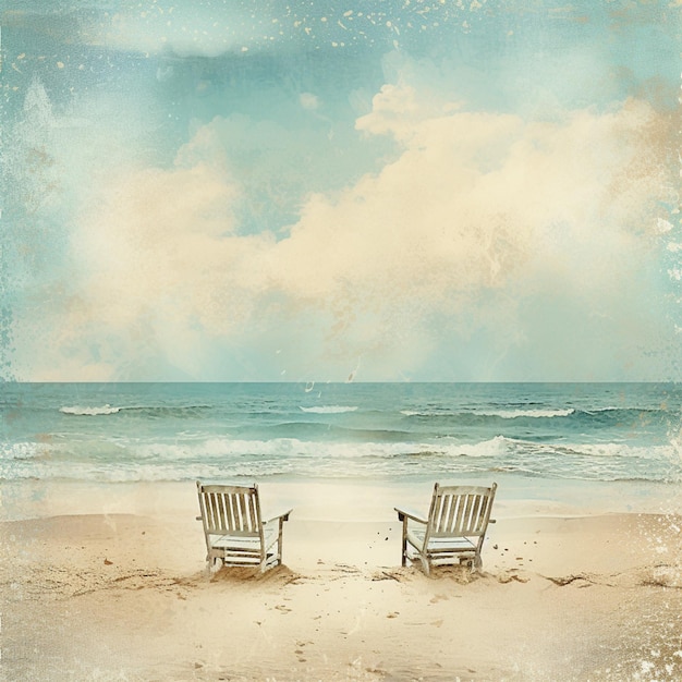 Photo there are two chairs sitting on the beach facing the ocean generative ai