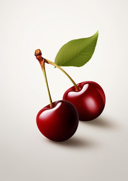 There are two cherries with a leaf on top of them generative ai