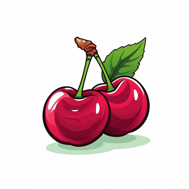 there are two cherries with leaves on them on a white background generative ai