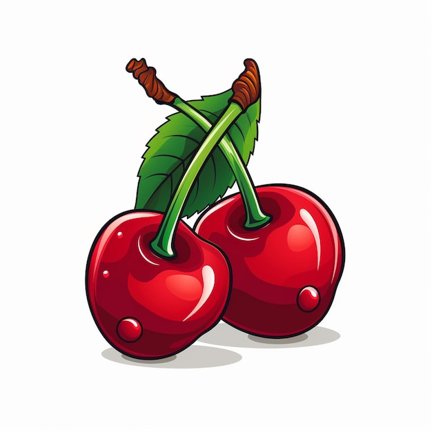 there are two cherries with leaves on them on a white background generative ai