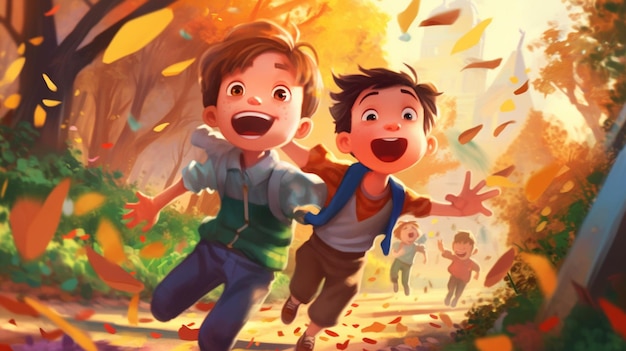 there are two children running in the woods with leaves flying around them generative ai