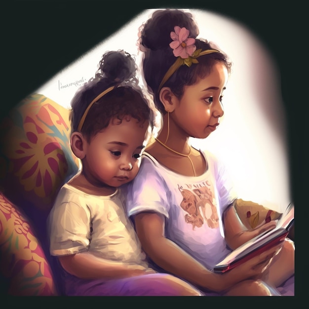 there are two children sitting on a couch reading a book generative ai