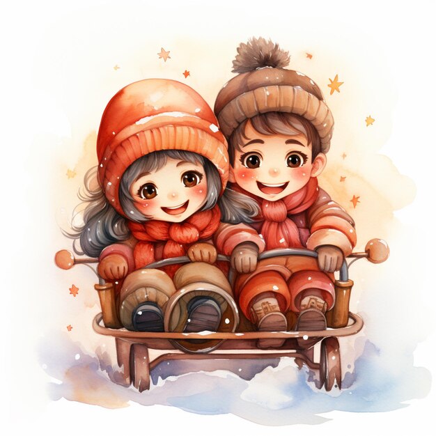 Photo there are two children sitting on a sled in the snow generative ai