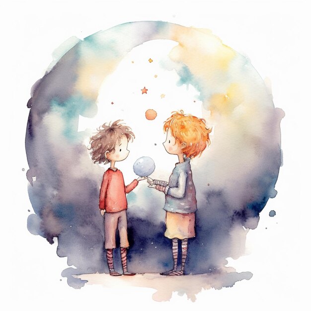 There are two children standing in front of a moon with a ball generative ai