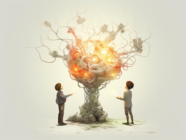 there are two children standing in front of a tree with a fire generativ ai