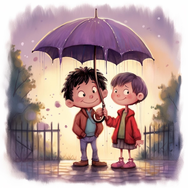 there are two children standing under an umbrella in the rain generative ai