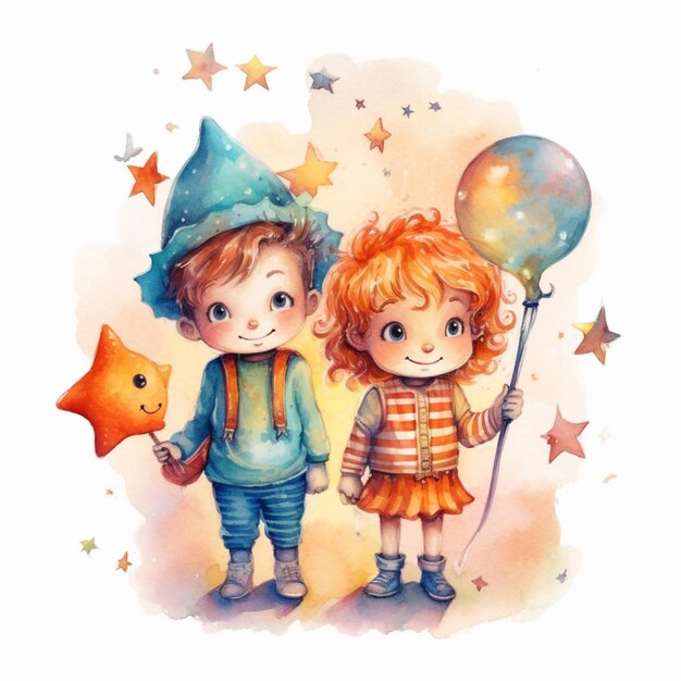 there are two children that are holding balloons and stars generative ai