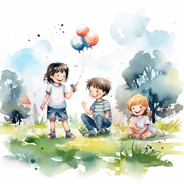 there are two children that are playing with balloons in the grass generative ai