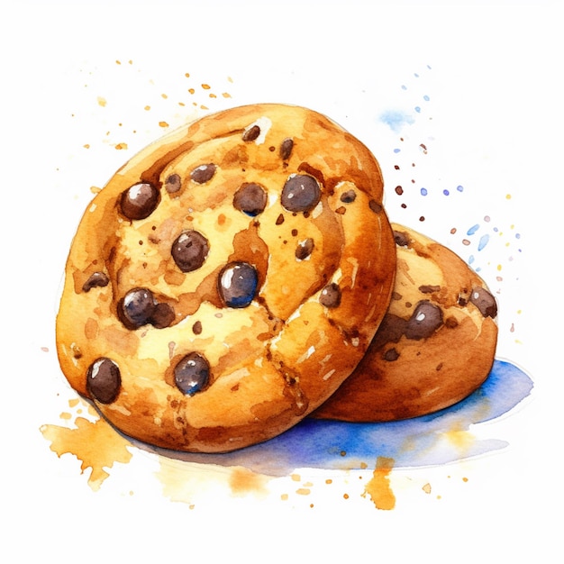 There are two chocolate chip cookies on a plate with watercolor paint generative ai