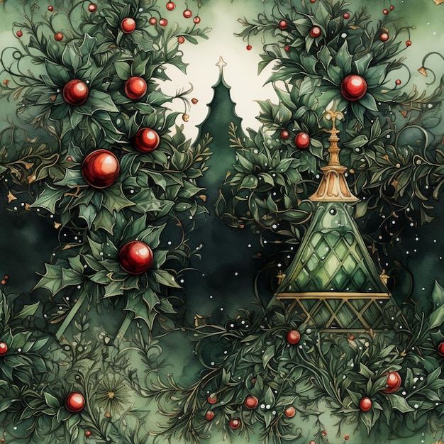 Photo there are two christmas trees with red berries and green leaves generative ai