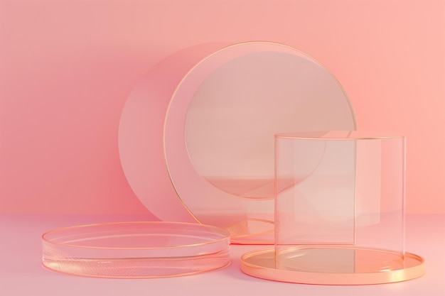 there are two clear vases and a plate on a pink surface generative ai