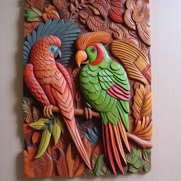 there are two colorful birds sitting on a branch in a wood carving generative ai