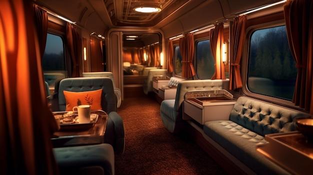 There are two couches and a table in a train car generative ai