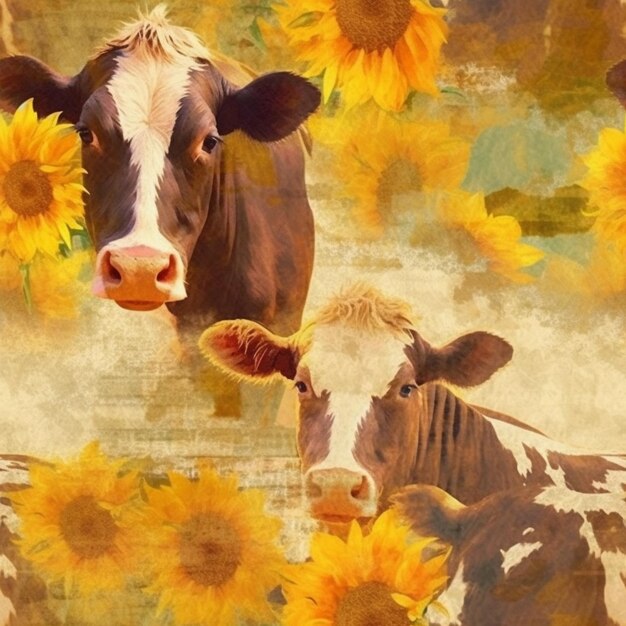 Photo there are two cows that are standing in the sunflowers generative ai