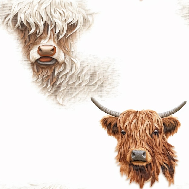 there are two cows with long horns on a white background generative ai