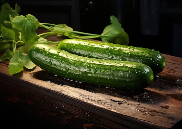 there are two cucumbers on a cutting board with leaves generative ai