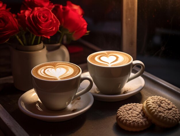 there are two cups of coffee and cookies on a tray generative ai