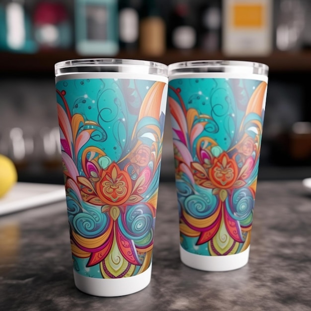 there are two cups with colorful designs on them on a counter generative ai