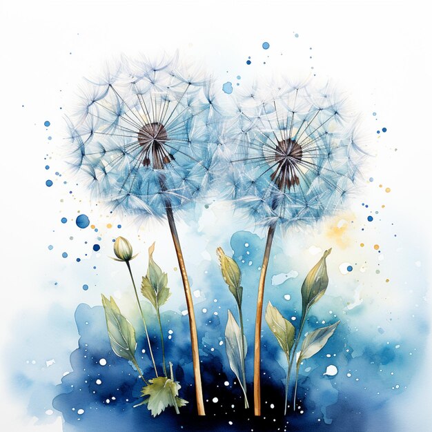 there are two dandelions with leaves and watercolor paint generative ai