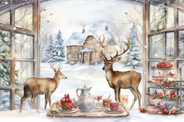 there are two deer standing in front of a window with a christmas scene generative ai