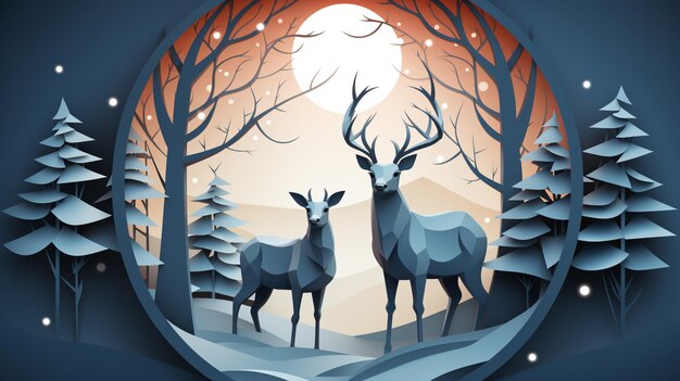 There are two deer standing in the snow near trees generative ai