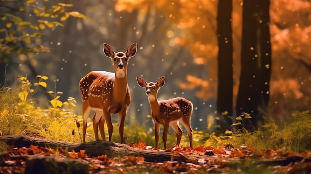 there are two deer standing in the woods together generative ai