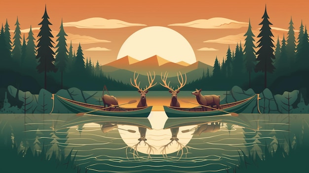 There are two deers in a canoe on the water generative ai