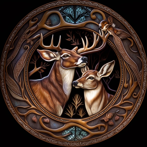 There are two deers in a circular picture on a black background generative ai