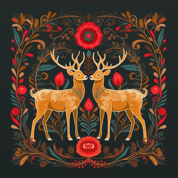 there are two deers standing in a floral frame with red flowers generative ai