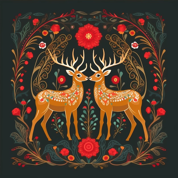 there are two deers with floral designs on their backs generative ai