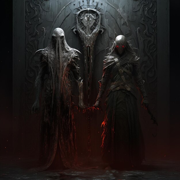 There are two demonic men standing in front of a large door generative ai