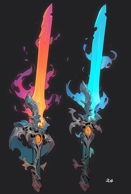 there are two different colored swords with a black background generative ai