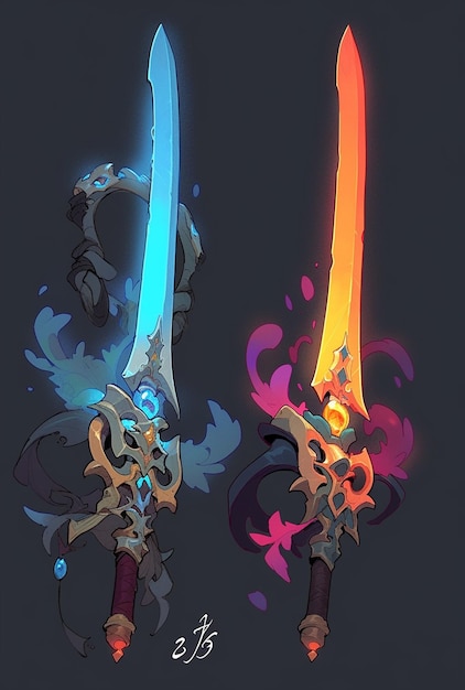 2つの異なる色の剣と輝くブレードが生成されます