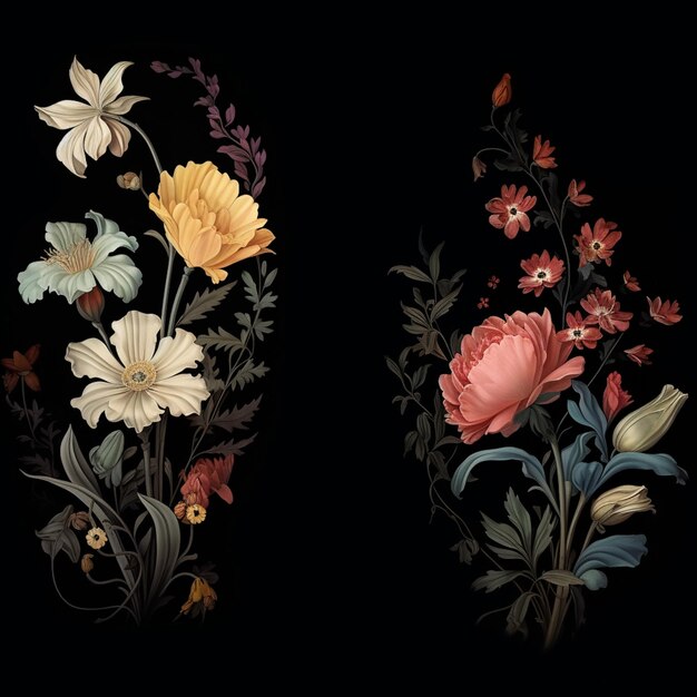 Photo there are two different flowers on a black background generative ai