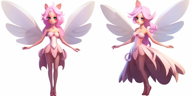 There are two different images of a fairy with pink hair generative ai