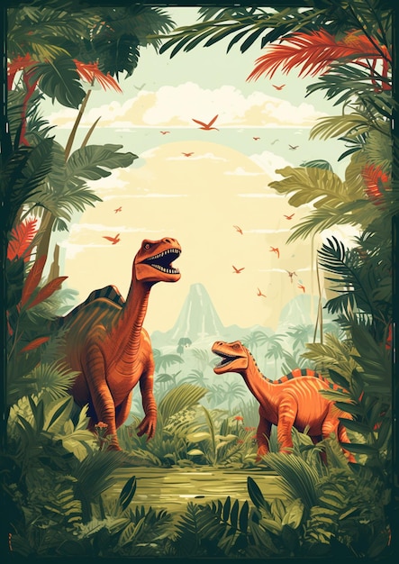 there are two dinosaurs in the jungle with a mountain in the background generative ai