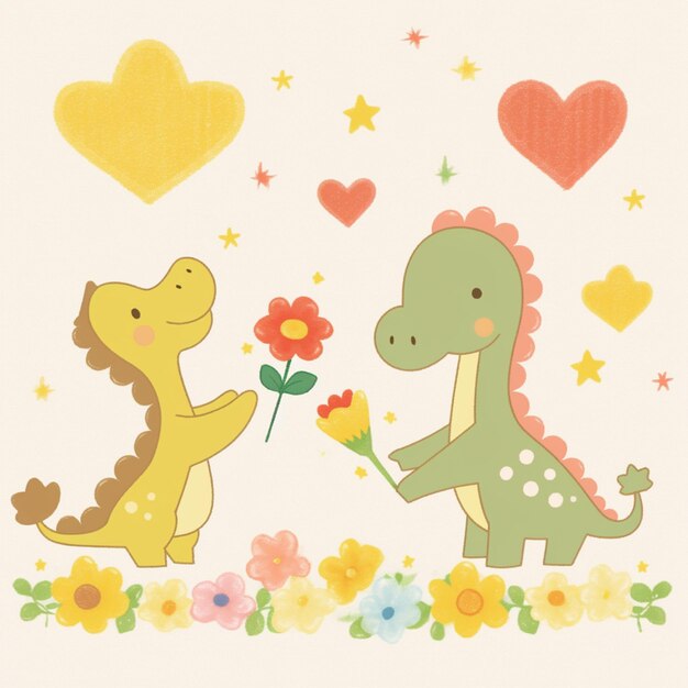 Photo there are two dinosaurs that are holding flowers in their hands generative ai