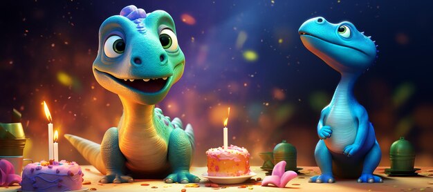 Photo there are two dinosaurs that are standing next to a cake generative ai