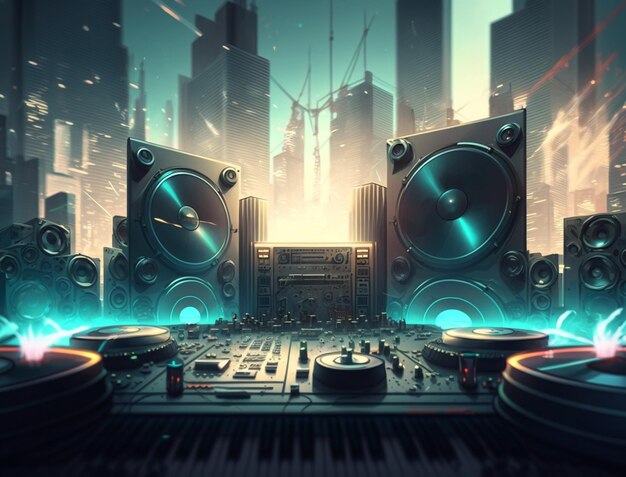 There are two djs in front of a city skyline generative ai