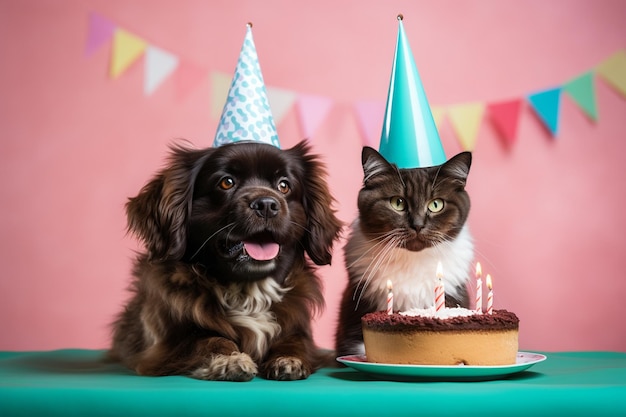 2匹の犬と1匹の猫がケーキの隣に座っています